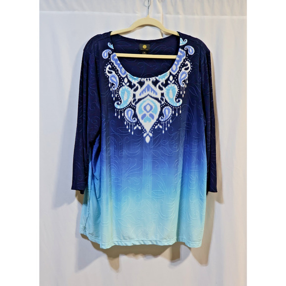JM Collection Blue Ombre and Paisley 3/4 Sleeve Tunic Top Size 2X - Picture 1 of 4